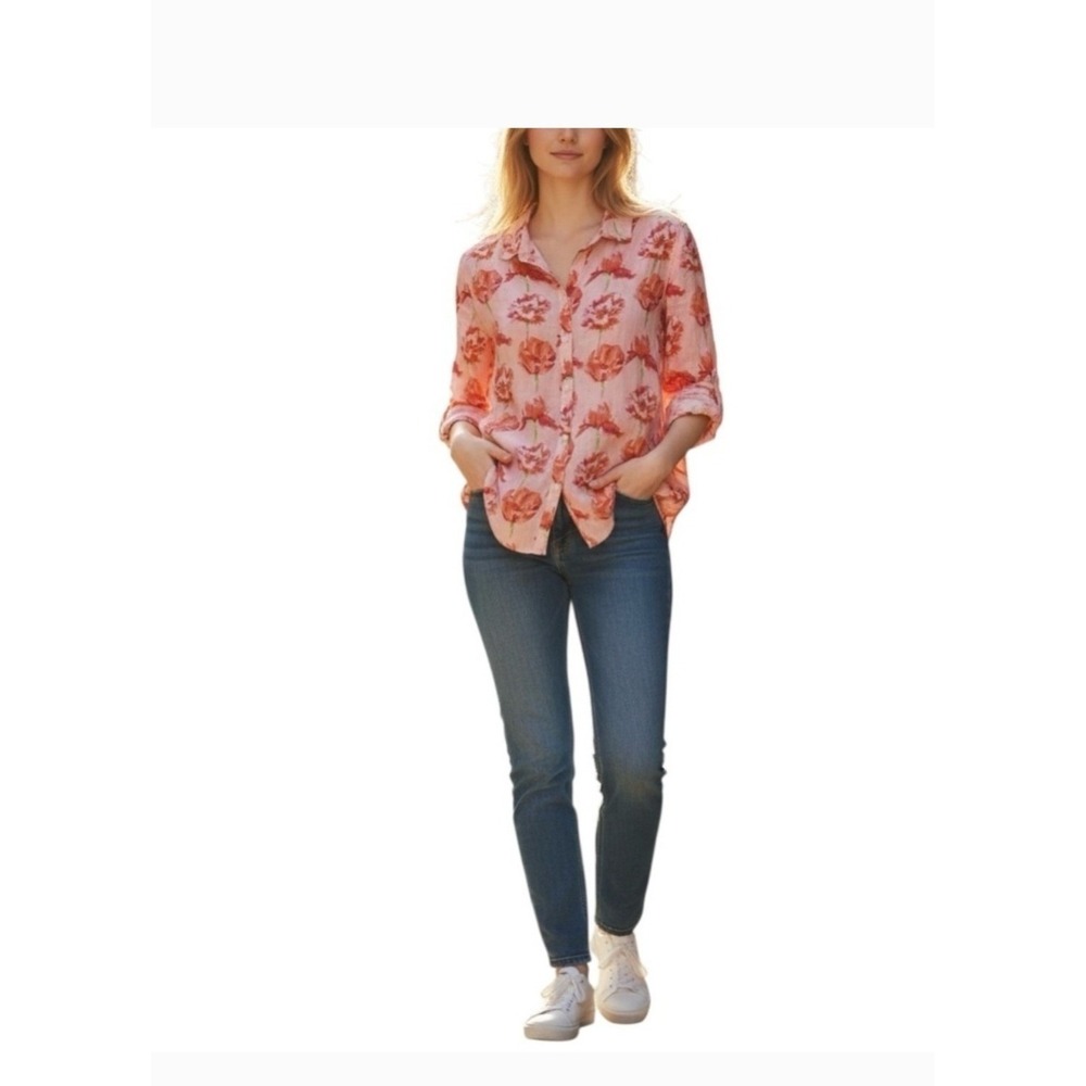 Charter‎ Club Linen Floral Button Up Utility Blouse Pink Orange XL 00015904M